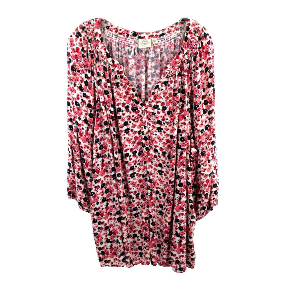 St. Johns Bay Multicolor Floral Tunic Blouse V-Neck 3/4 Puff Sleeve Plus 3X